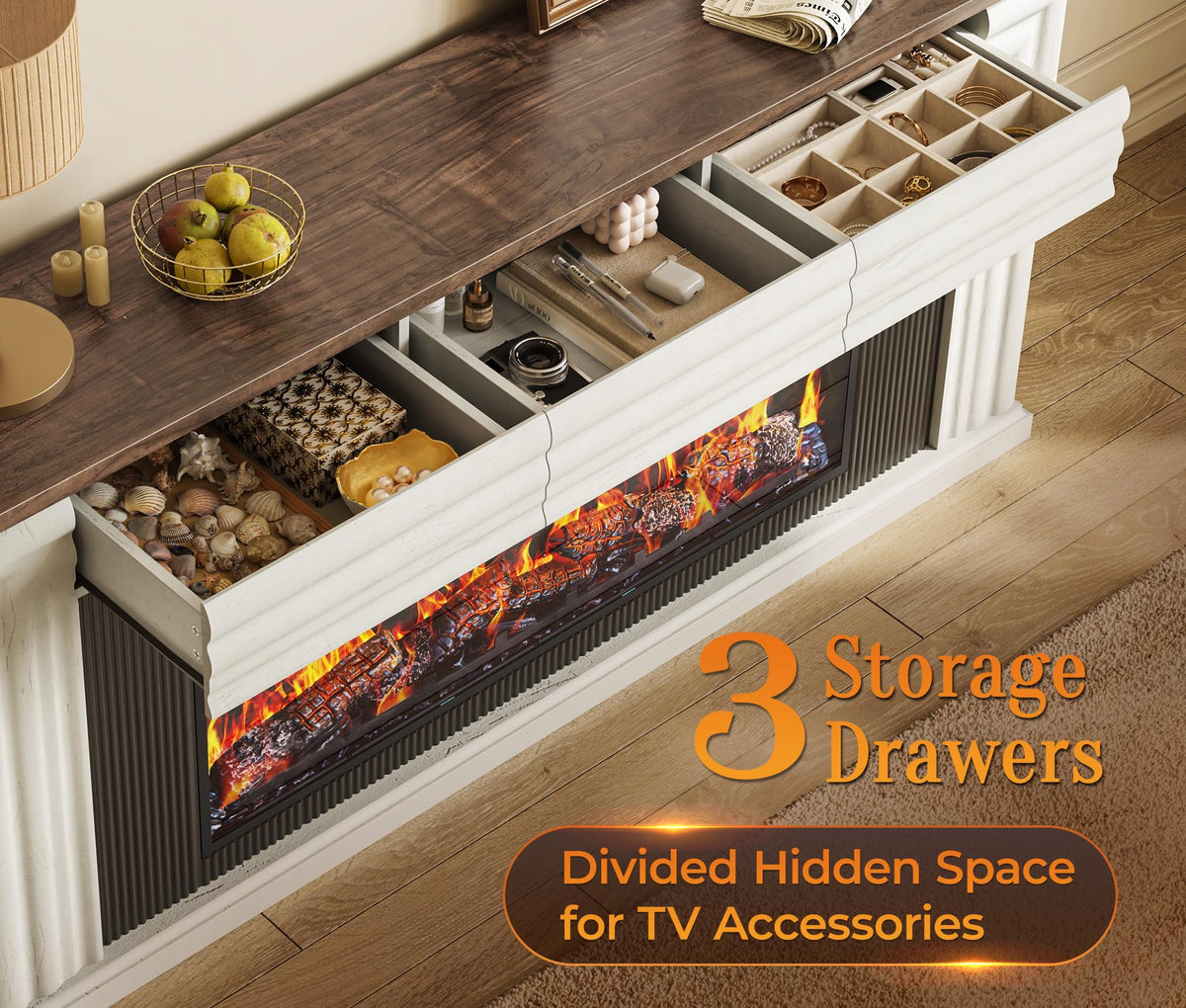70'' TV Stand with 42'' Electric Fireplace, 3 Drawers, Distressed White J783