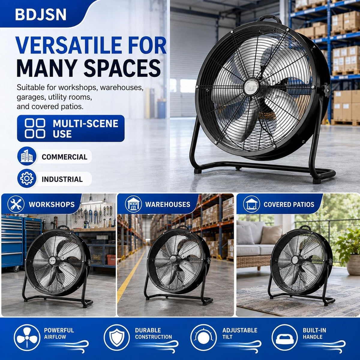 Industrial Drum Fan, High Velocity Air Circulator with 5 Aluminium Blades, 3-Speed Adjustable Tilt Metal Floor Fan Y259