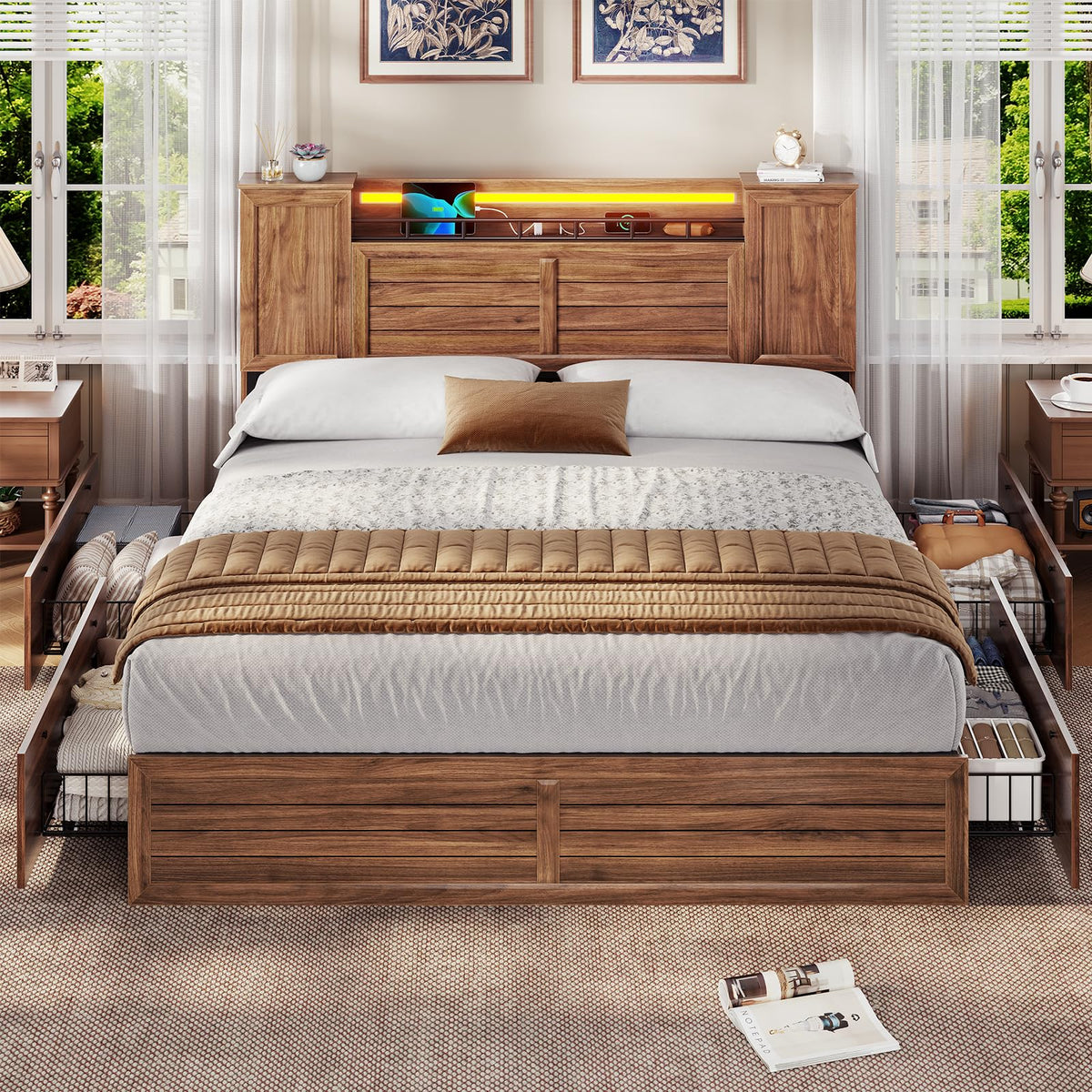 Brown Full Size Wood Bed Frame with Headboard and Storage R8079