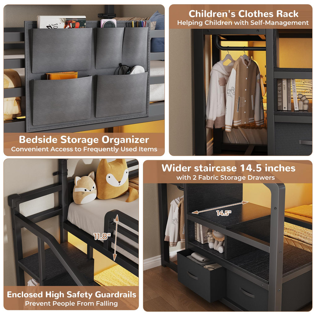 Black Twin Over Twin Metal Bunk Bed with Storage Staircase P104