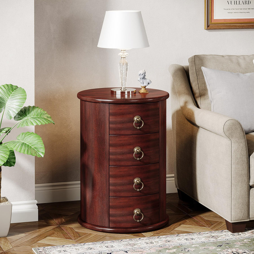 Solid Wood Round End Table with 4 Drawers O1036