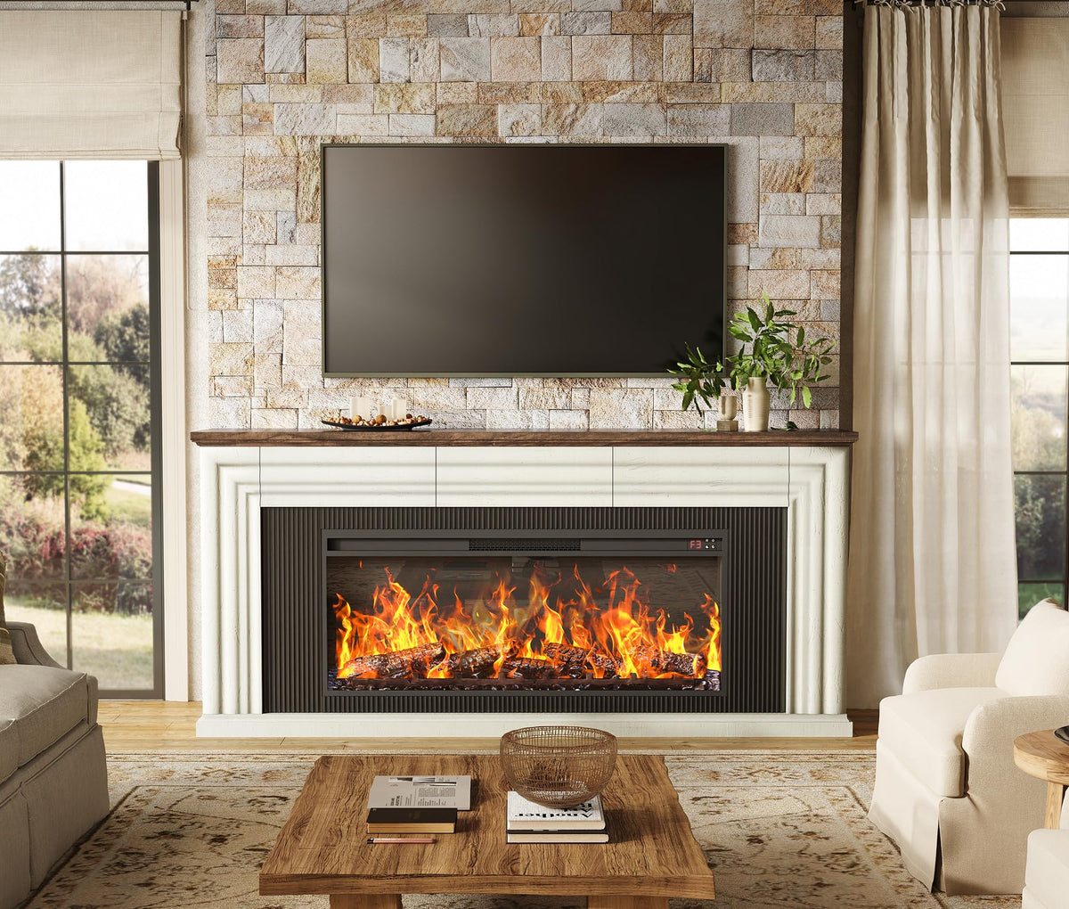 70'' TV Stand with 42'' Electric Fireplace, 3 Drawers, Distressed White J783