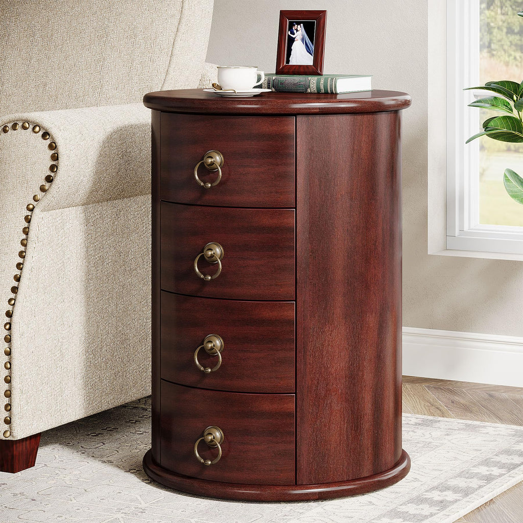 Solid Wood Round End Table with 4 Drawers O1036