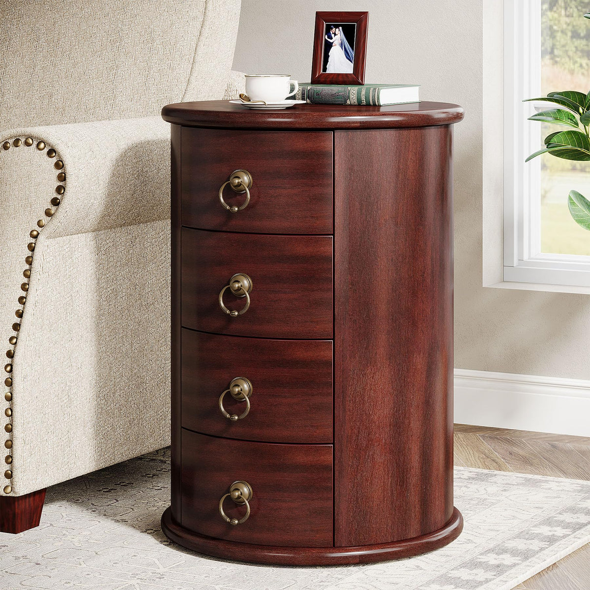 Solid Wood Round End Table with 4 Drawers O1036