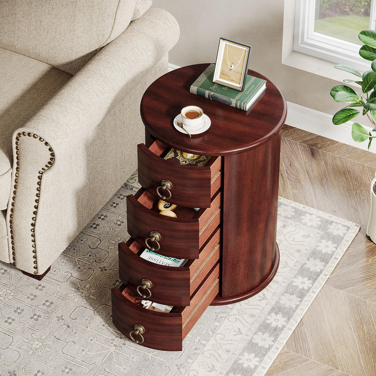 Solid Wood Round End Table with 4 Drawers O1036